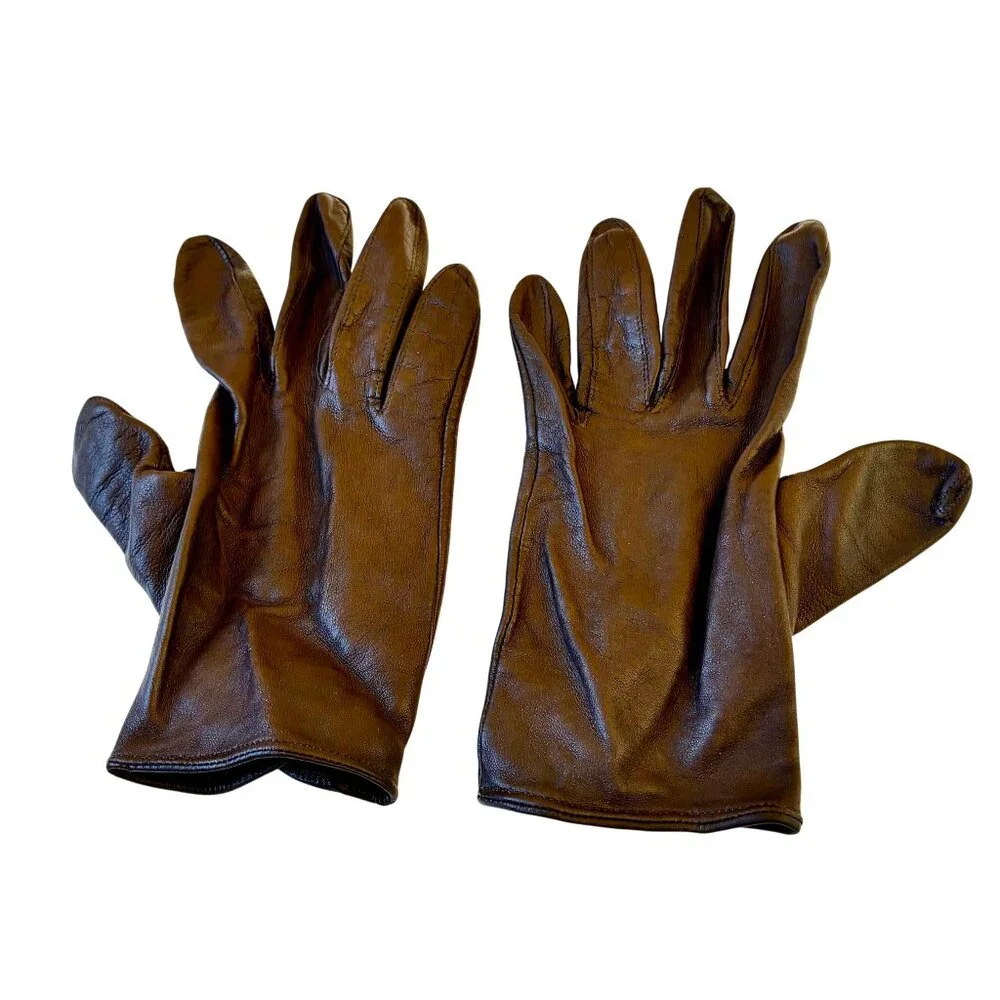 Vintage Brown Leather Gloves Unlined Button Wrist WASHABLE Womens 7.5